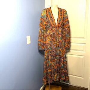 Free People Vibrant Floral Long Sleeve Dress - Orange and Blue size Large